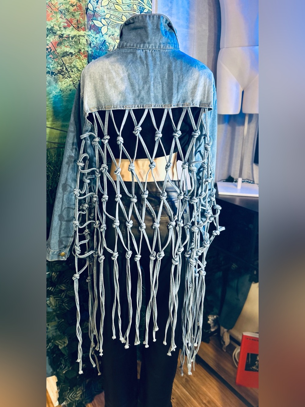 Fringed Open-Knotted Knit Denim Jacket - Light/Med Blue Wash! Size: XL